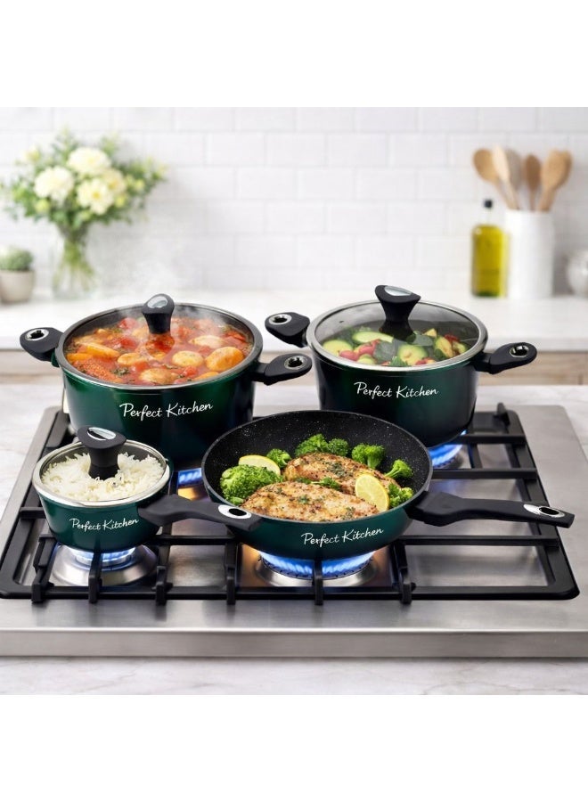 بيرفكت كيتشن طقم قدور أواني للطهي مصبوبة مطلية طبيًا مكون من 7 قطع باللون الأخضرتتكون من طاجن 16 سم, طاجن 24 سم, مقلاة 28 سم, طاجن 28 سم و3 أغطية - Image 1